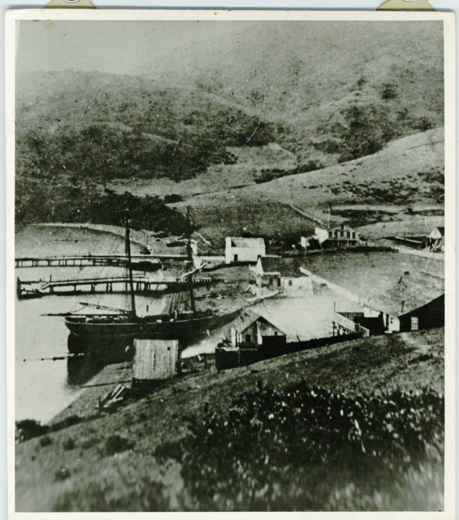 This photo, taken c. 1852, shows rudimentary buildings and piers in Whaler’s Cove, now known as Shelter Cove. Photo Courtesy of Sausalito Historical Society
