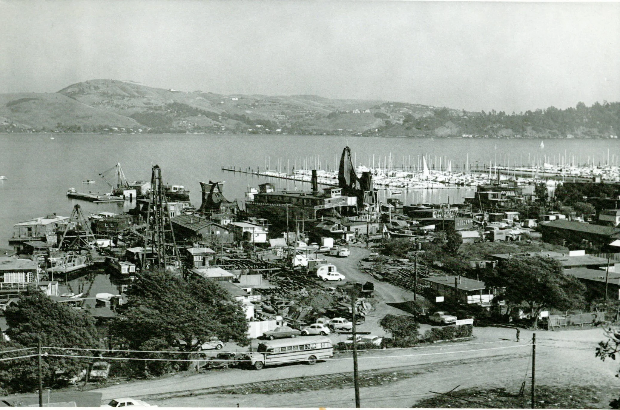 The Madonna towers over its neighbors (upper right). To the left, past the ferry Vallejo, is the next-highest structure, the Owl. Photo courtesy of Sausalito Historical Society