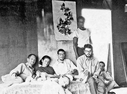 Gerd Stern (glasses, 3rd from left) and Ginsberg (to his left, also in glasses) aboard the Sausalito barge with Stern’s friends and family.