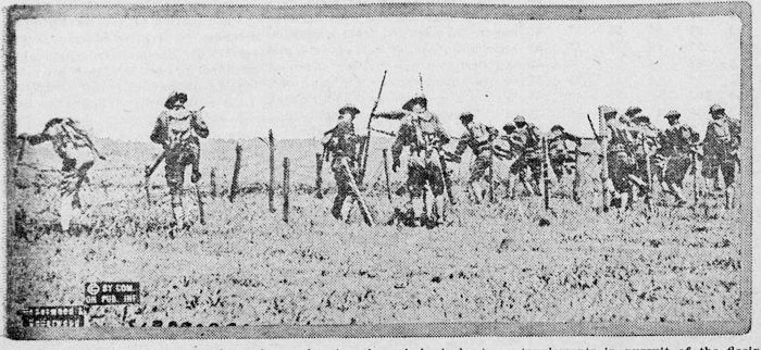 American troops charging through barbed wire “in pursuit of the fleeing Huns” Photo from Sausalito News