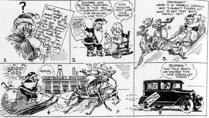 CARTOON FROM SAUSALITO NEWS Even Santa got in on the car craze of the 1920s.