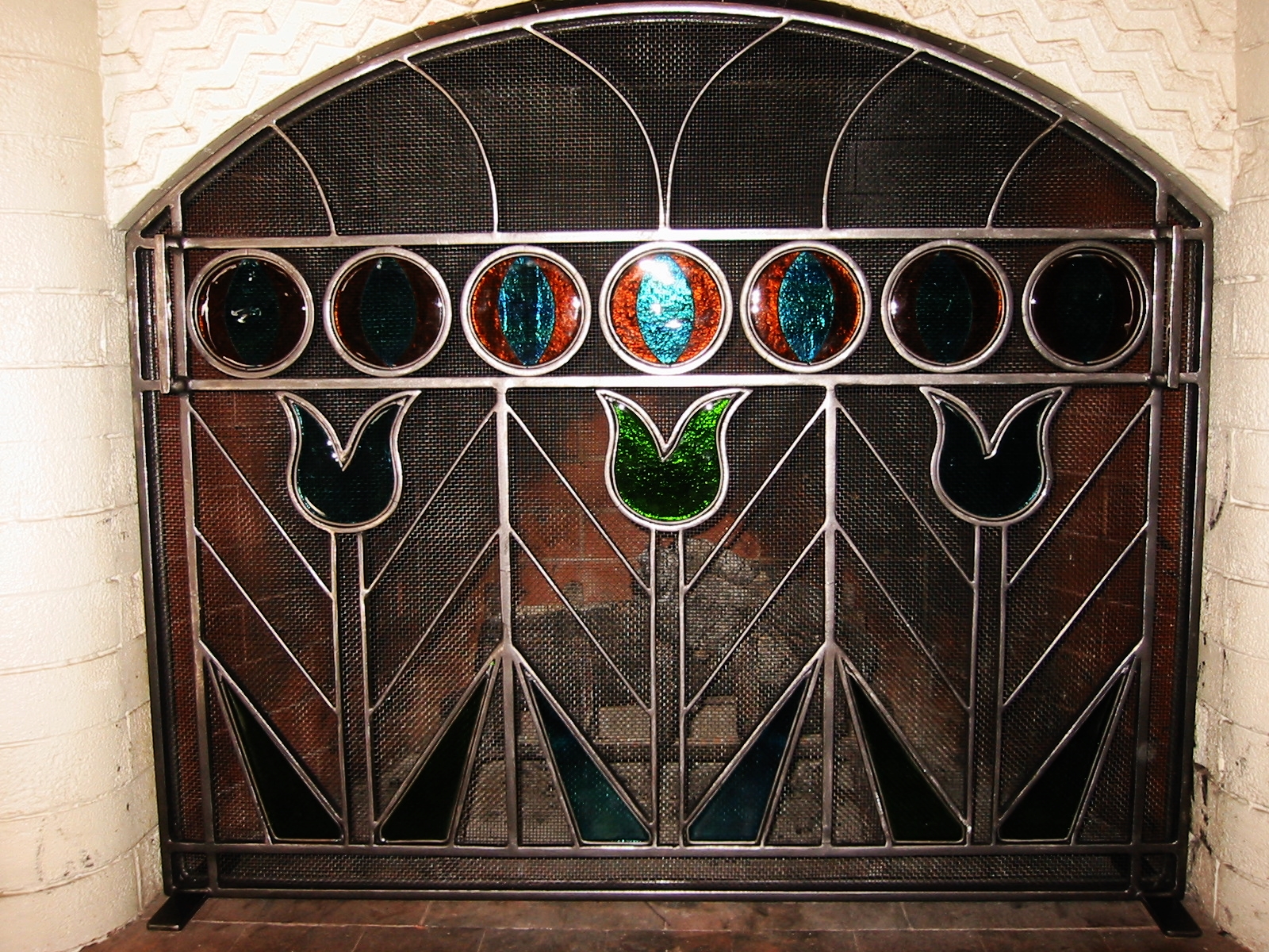 Free-Standing Tulip Motif Firescreens with Glass Elements
