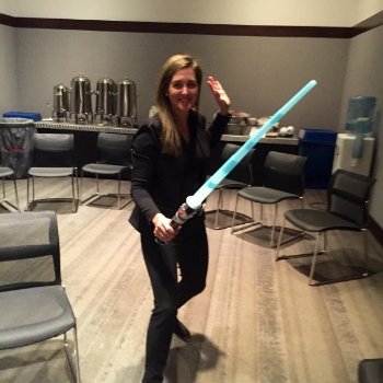 (Working on my light saber skills just before the talk....)