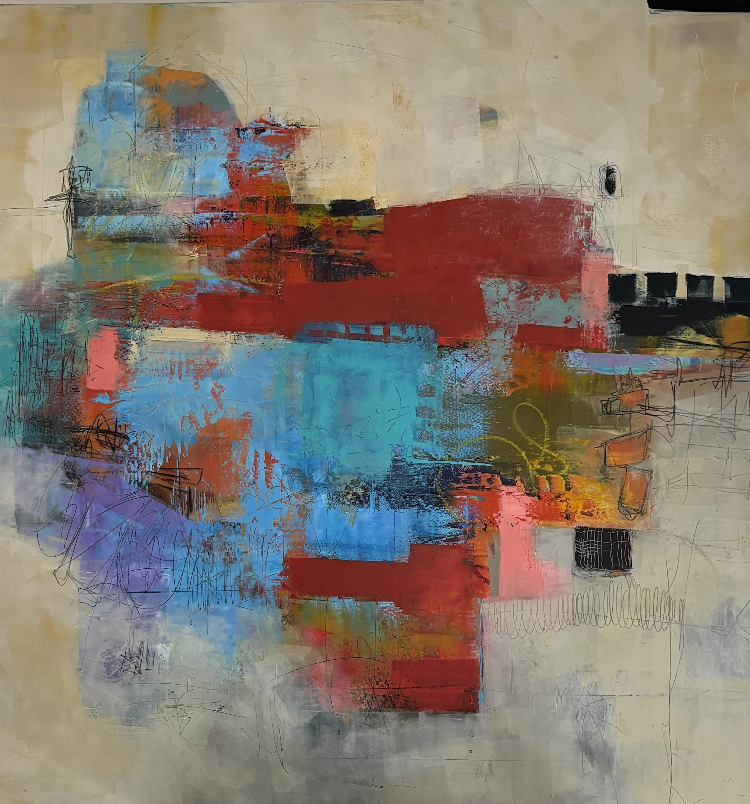 Calypso Red/33x33x1.5"on panel/framed