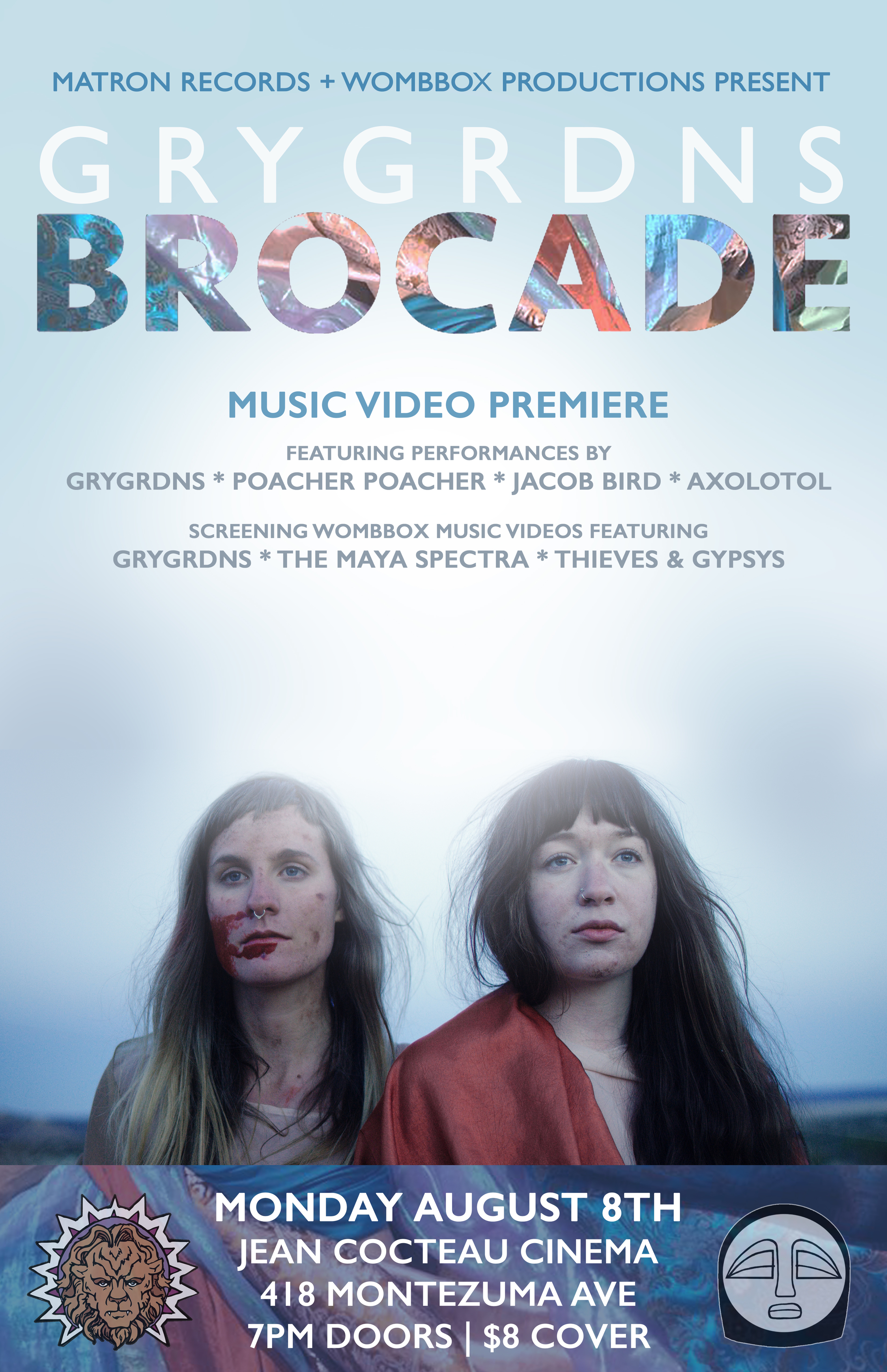 After spending a long and thrilling weekend filming in Galisteo Basin this April, Matron Records is pleased to announce the release of GRYGRDNS ' new music video "Brocade" which will premiere Monday, August 8th at the Jean Cocteau Cinema in Santa Fe. Produced by Wombox and featuring the third single from Interwoven , "Brocade" is a heavy-hitting emotional rollercoaster of a song that is beautifully matched by the raw and powerful visual palate of director Amy West. Playing on themes of trust and betrayal the video is a potently visceral exploration of love, loss and rebirth. Forming early 2015 as a collaboration between director Amy West and cinematographer Jakob Anderson, Wombbox is a growing collaboration of film students from Santa Fe University of Art and Design. They produced their first video, "Music Box" , for local electronic pop ensemble The Maya Spectra which won Best Music Video at AMFM in Flagstaff and the National Film Festival for Talented Youth in addition to winning Best Student Film at the Santa Fe Independent Film Festival. Shortly after, the team created a video for Santa Fe's garage rock trio Thieves & Gypsys with sponsorship from Albuquerque's Marble Brewery. All three Wombbox Production music videos will be screened at the "Brocade" premiere alongside acoustic performances by GRYGRDNS, Poacher Poacher (Caitlin Brothers of STBWLIH), Jacob Bird and Axolotol (Haven Willis of As In We and TOTI). Doors are at 7PM and admission is $8. For more information visit the event webpage.