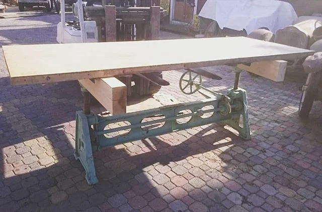 Crank Industrial Table. 
Solid Beam, and bowling alley floor top construction. I need to get back to this project. 
#neomoddesign
#vintage #madeinusa #handmade  #interiordesign #table #castiron #wood #walnut #design #designporn #surface #modern #desi