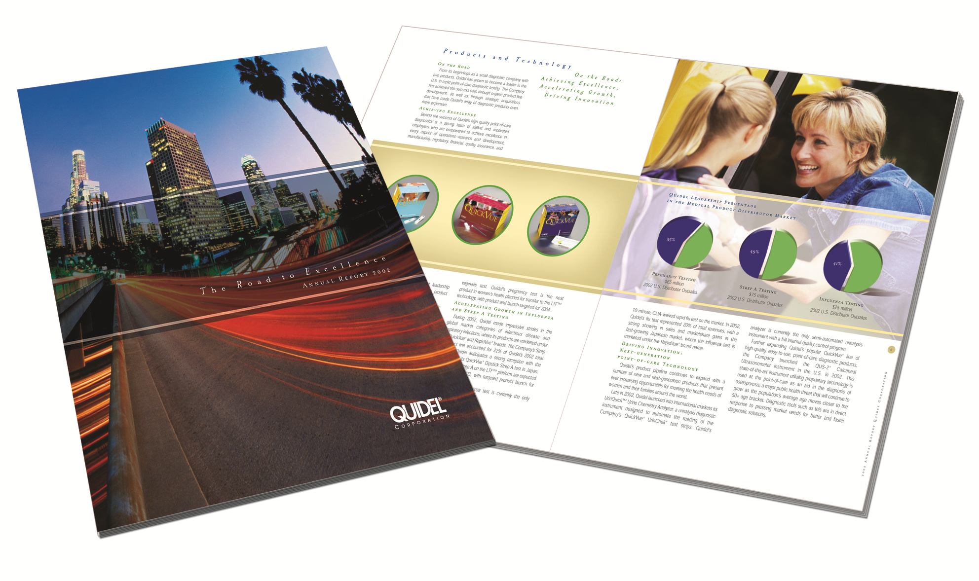 Quidel Annual Report For several years the Quidel corporate communications group developed a theme for their annual report and coordinating shareholder presentation. We took the theme and visually created the annual report (shown above) and shareholder presentation.