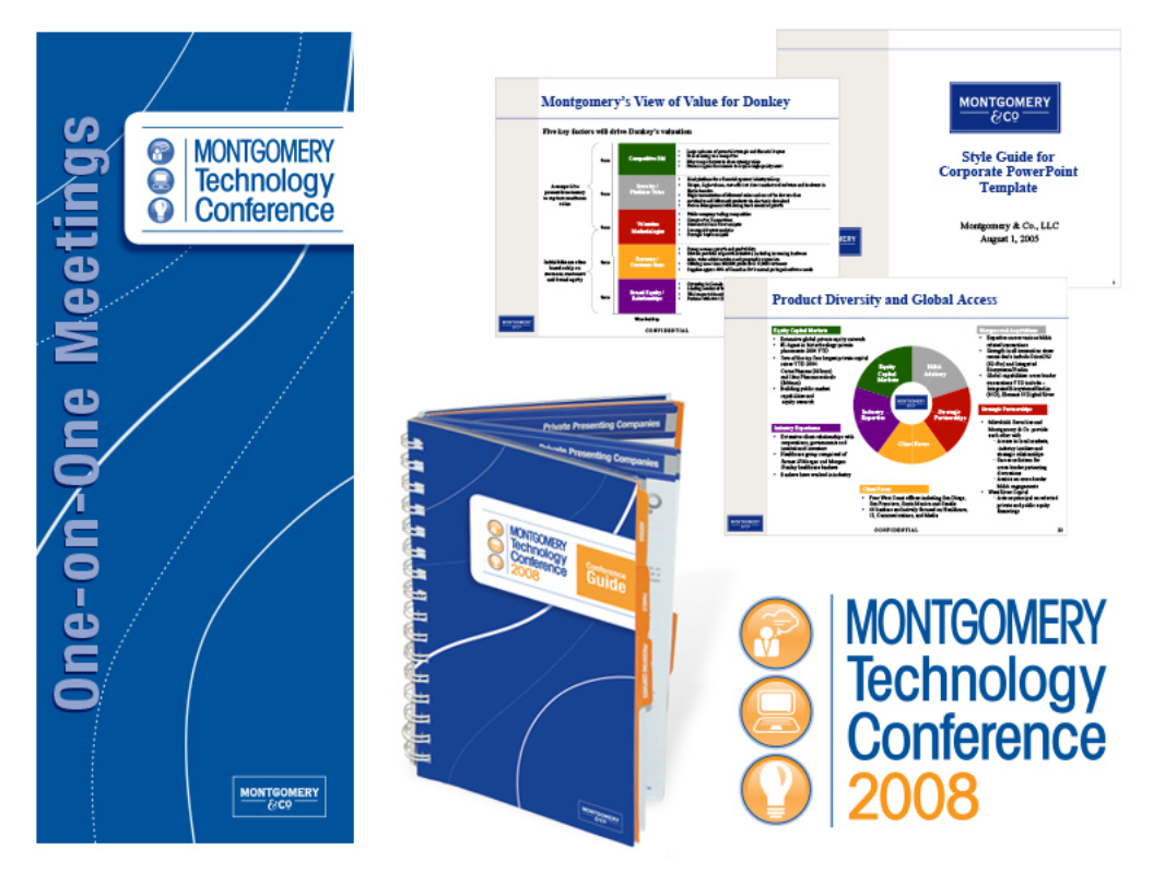 Montgomery & Co. Conference Branding and Collateral Montgomery hosts an annual conference, we developed the conference brand multiple years in a row and also the website, corporate presentation, style guide, and conference materials including, the invitation, event guide, signage, and conference presentations.