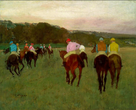 Edgar Degas, Racehorses at Longchamp, 1871, possibly reworked in 1874. Oil paint on canvas