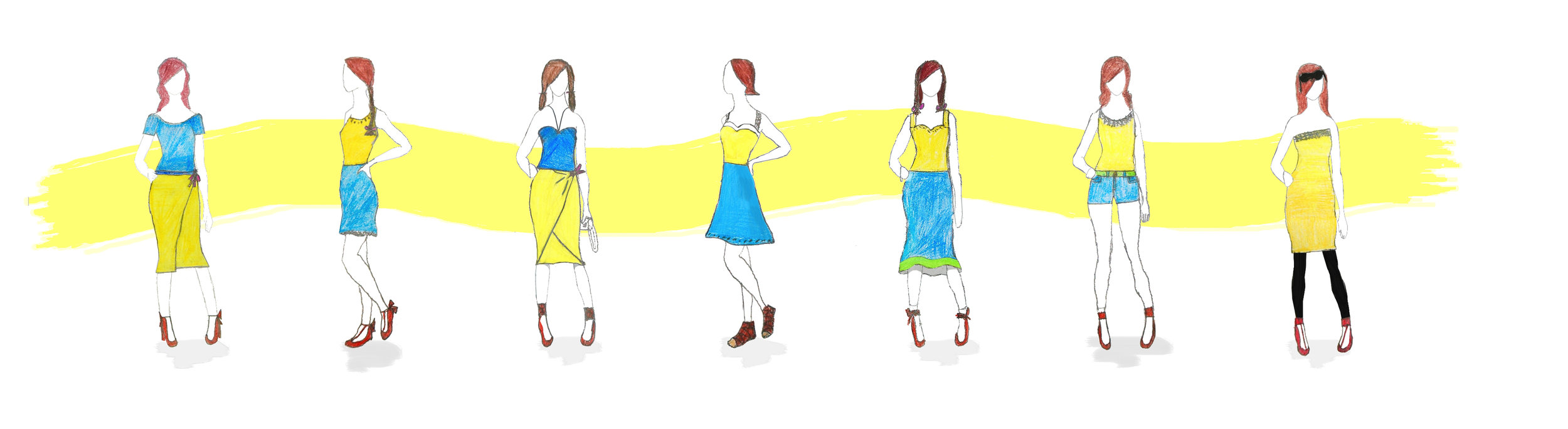Summer Simple / Fashion Collection Concept Hana / 3rd Grade / 2016 Pencil, pen, marker, colored pencil, on paper Approx. 7” x 14”