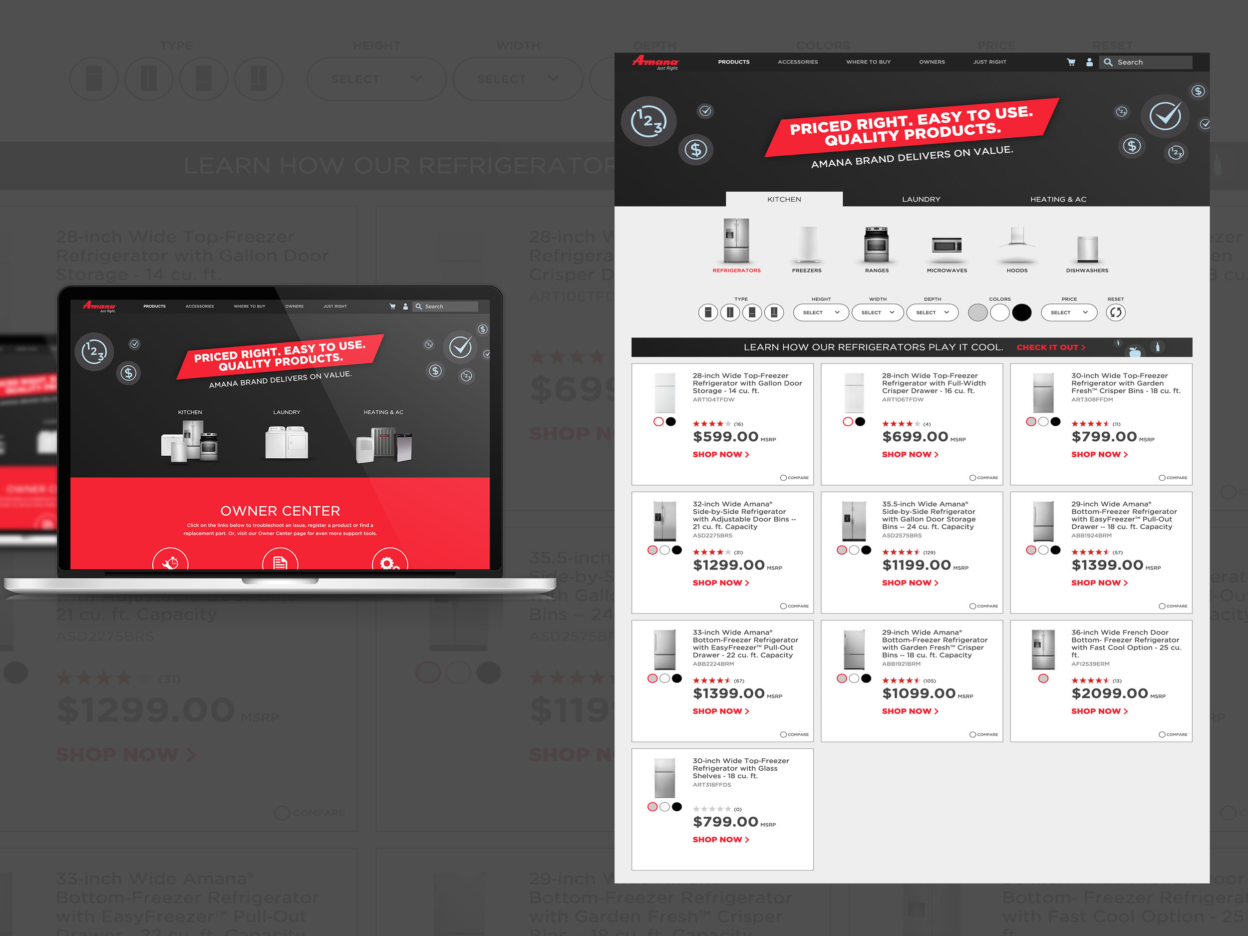 Amand Brand homepage. When a category is clicked on, a menu opens up with appliance models that consumers can shop.