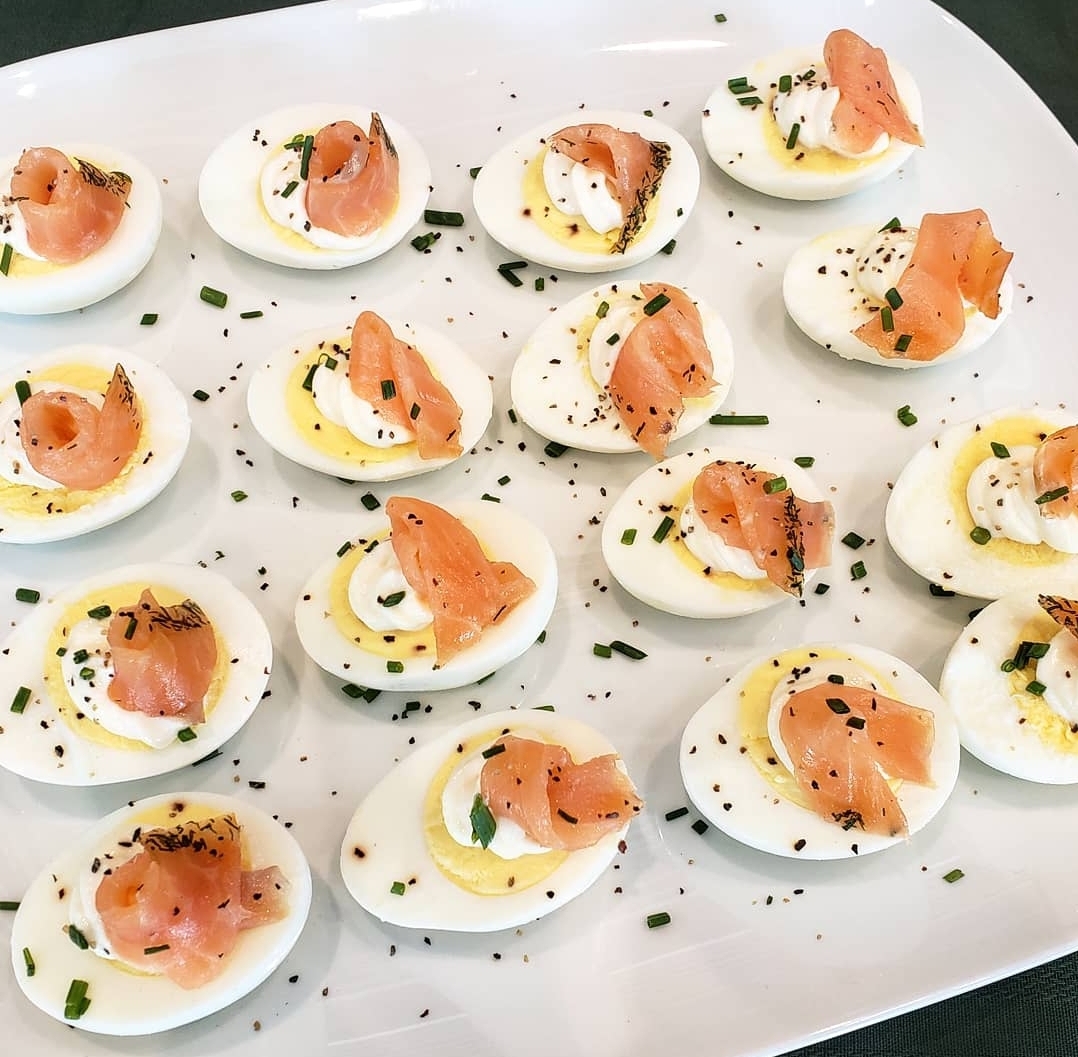 Agg Med Lax: Harboiled egg topped with mayo and cold smoked marinated salmon