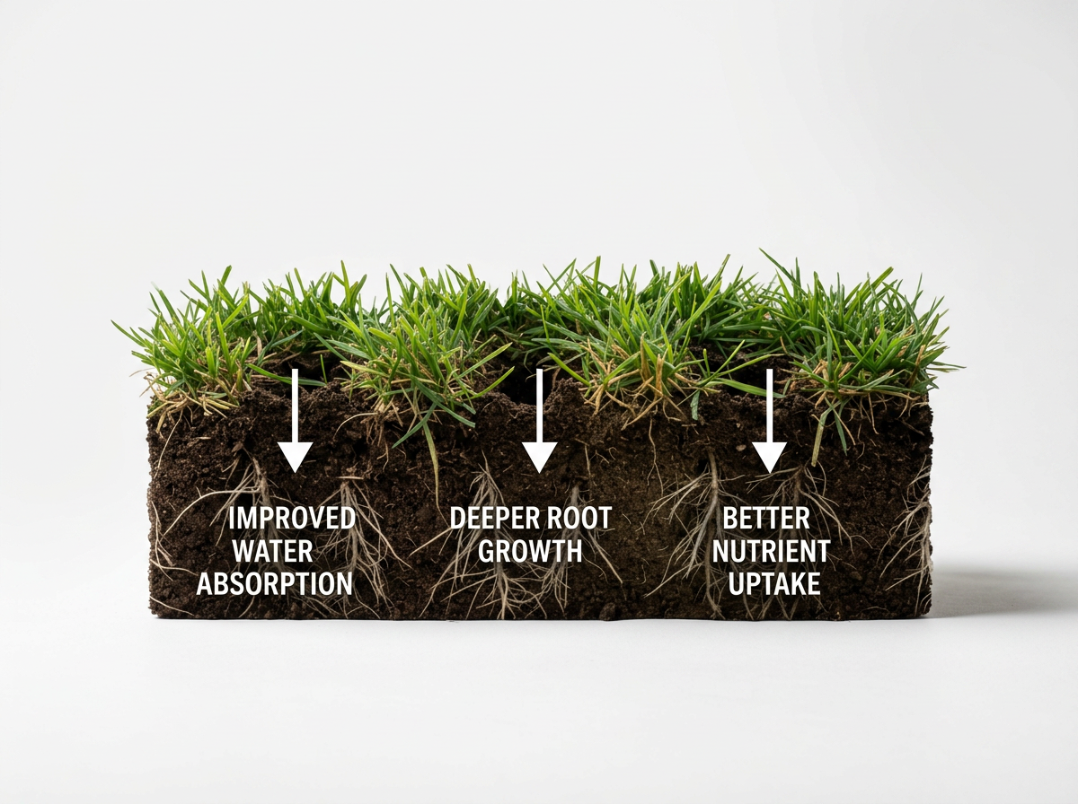Cross-section of grass showing improved water absorption, deeper root growth, and better nutrient uptake after core aeration service