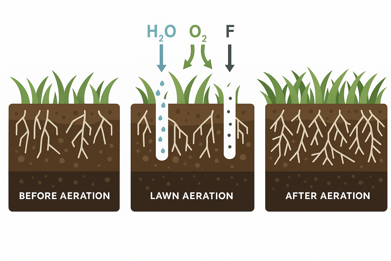 Diagram showing soil health improvement through aeration. Left: soil before aeration with dense roots. Middle: soil during lawn aeration with water, oxygen, and fertilizer being applied. Right: soil after aeration with healthier roots.