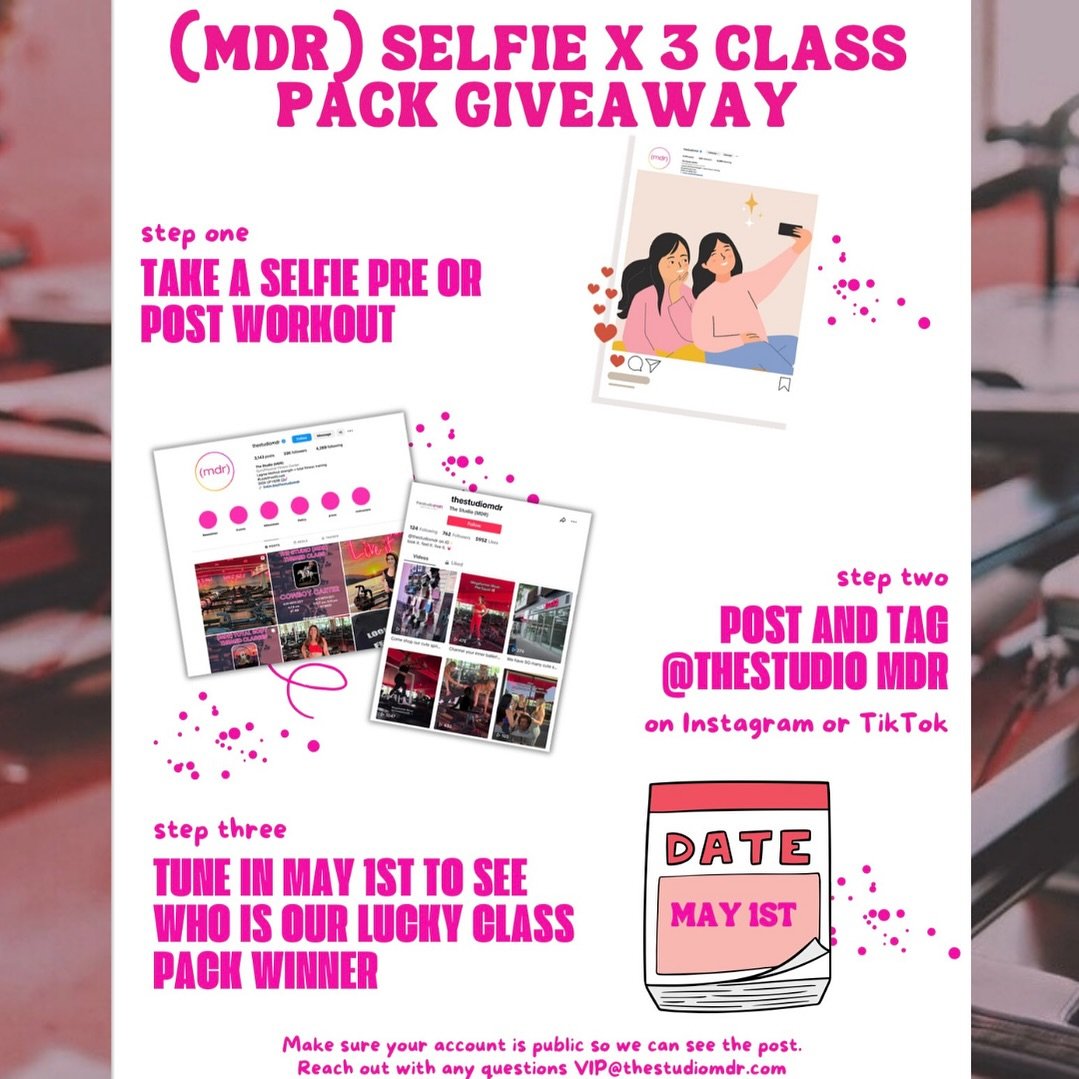 We are SO excited to share this 3 Class Pack giveaway with you! Starting TODAY through April 30th, take a selfie in the studio, post ON YOUR FEED and tag @thestudiomdr on Instagram or TikTok and we will raffle your social handle for a chance to win a