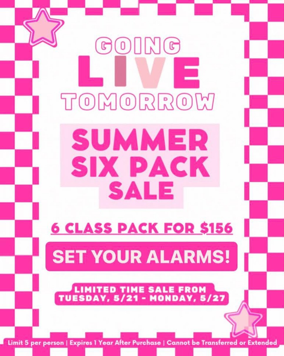 Tomorrow is the kickoff of our BIGGEST SALE OF THE YEAR! Trust us, you don&rsquo;t want to miss out on the limited time only Summer Six Pack Sale! Details ⬇️⁣
⁣
6 CLASS PACK FOR $156⁣
⁣
LIMITED TIME SALE FROM⁣
TUESDAY, 5/21 - MONDAY, 5/27⁣
⁣
**Limit 