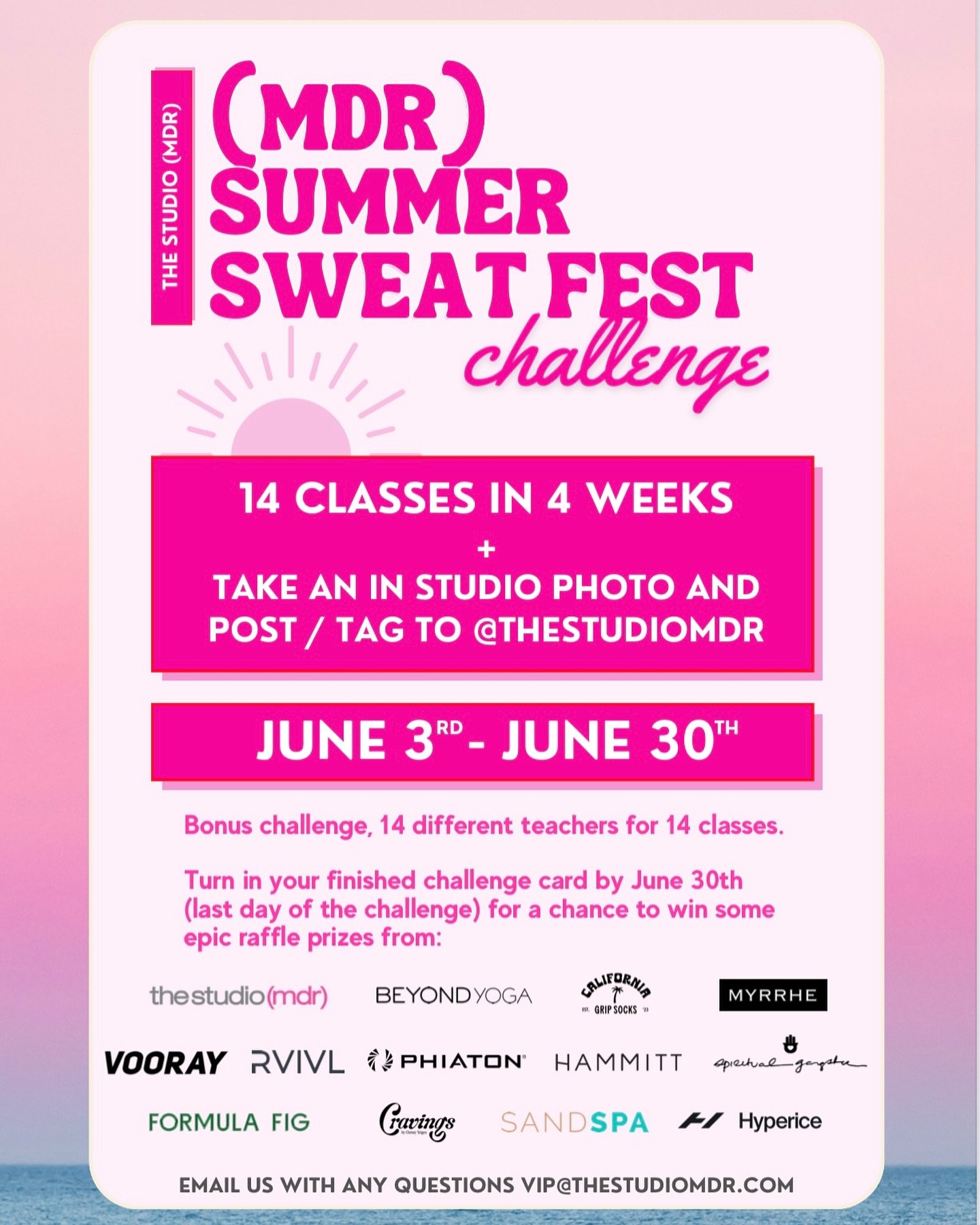 Who&rsquo;s ready for our (MDR) SUMMER SWEAT FEST CHALLENGE starting tomorrow Monday 6/3?! Get your summer started by joining us in taking 14 classes in 4 weeks, taking an in studio photo with an instructor, and turn in your completed card to be ente