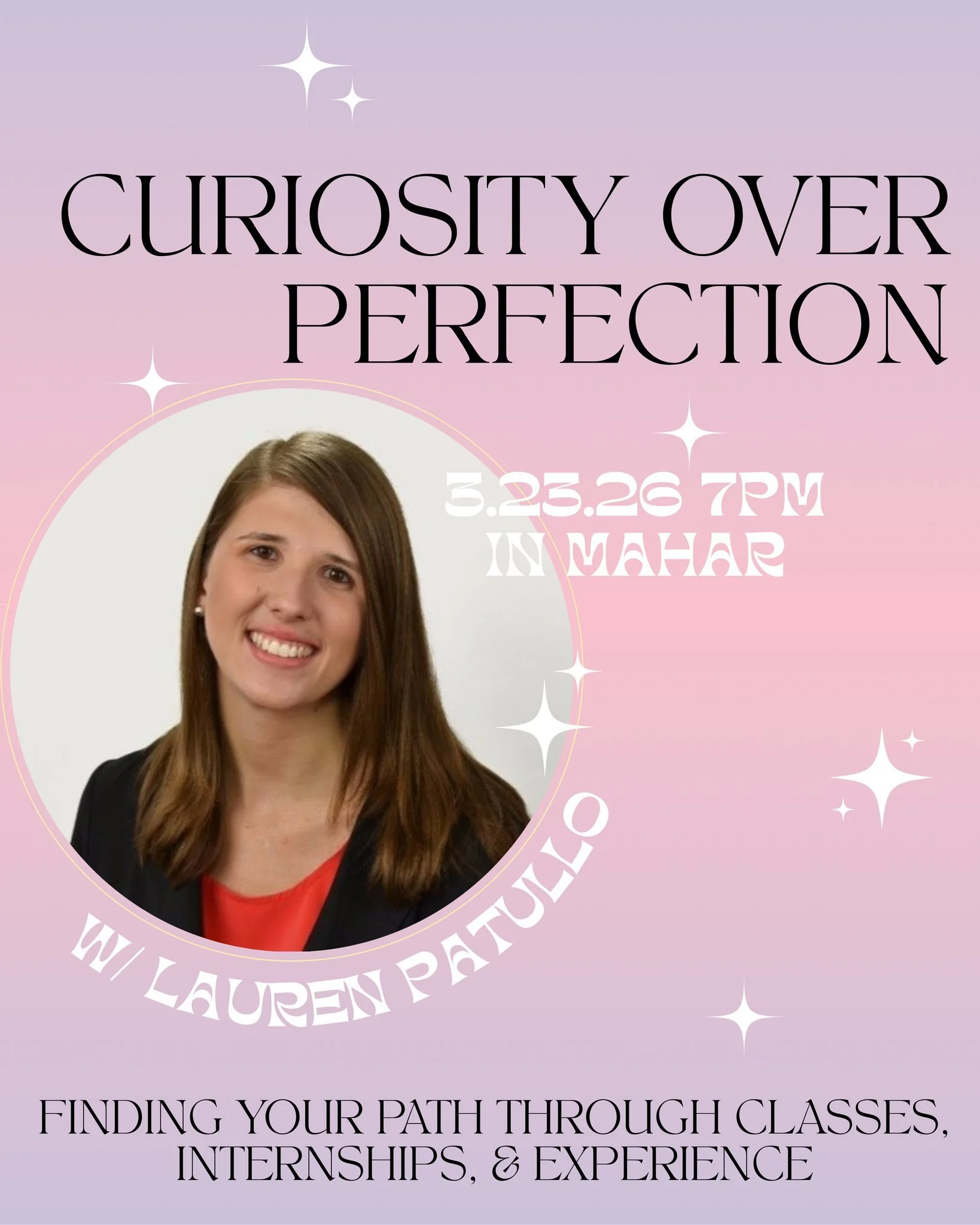 We hope everyone had a great Spring Break! Tomorrow our meeting will be at 7PM in Mahar, Curiosity Over Perfection: Finding Your Path Through Classes, Internships, &amp; Experience led by WiB alum, Lauren Patullo! We are looking forward to hearing he