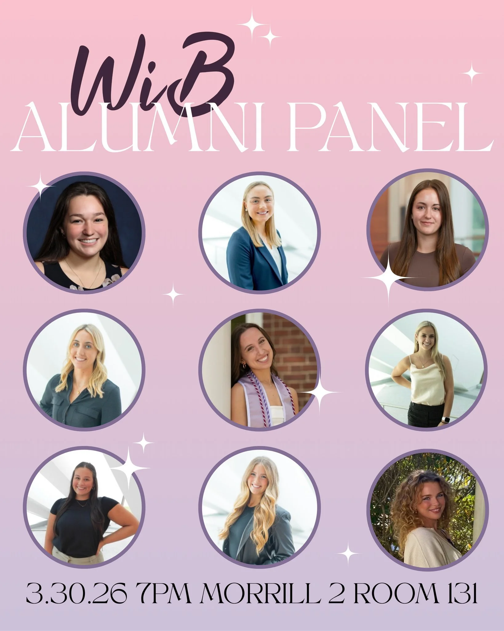 Our meeting this Monday will be one you do NOT want to miss! We will be bringing in 9 of our incredible WiB alumni to share their journeys post grad and in the workforce. The panel will include Sophia, Bella, Ava, Jackie, Abby, Emma, Grace, Abbey, an