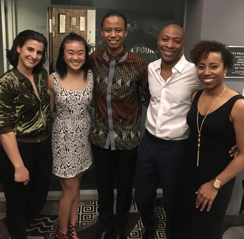 Left to Right: Andrea Miller, Artistic Director of Gallim Dance; Olivia Wang, Young Professional; Nouhoum Koita, Young Professional; Kyle Abraham, Artistic Director of A.I.M.; Chanel DaSilva, Co-Founder & Artistic Director, MOVE(NYC)
