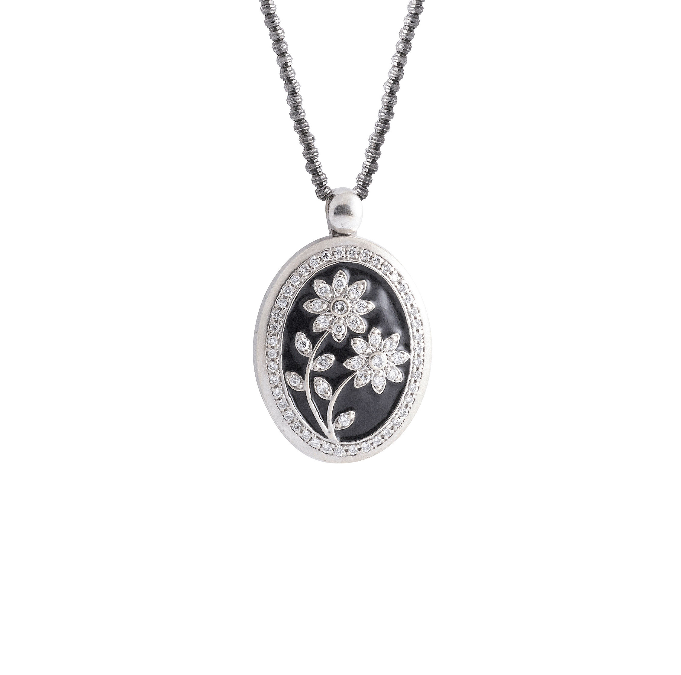 Black Enamel and Diamond Flower Locket