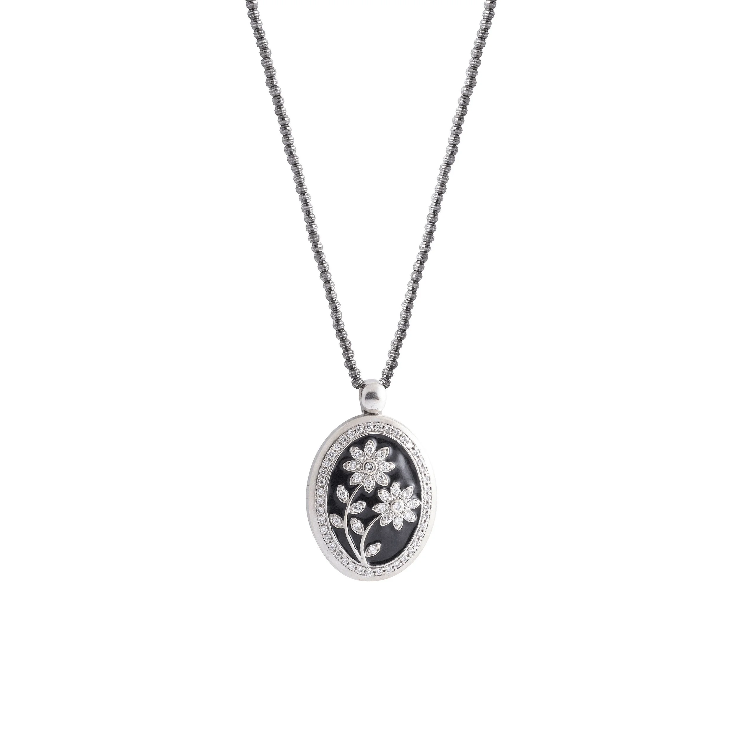 Black Enamel and Diamond Flower Locket