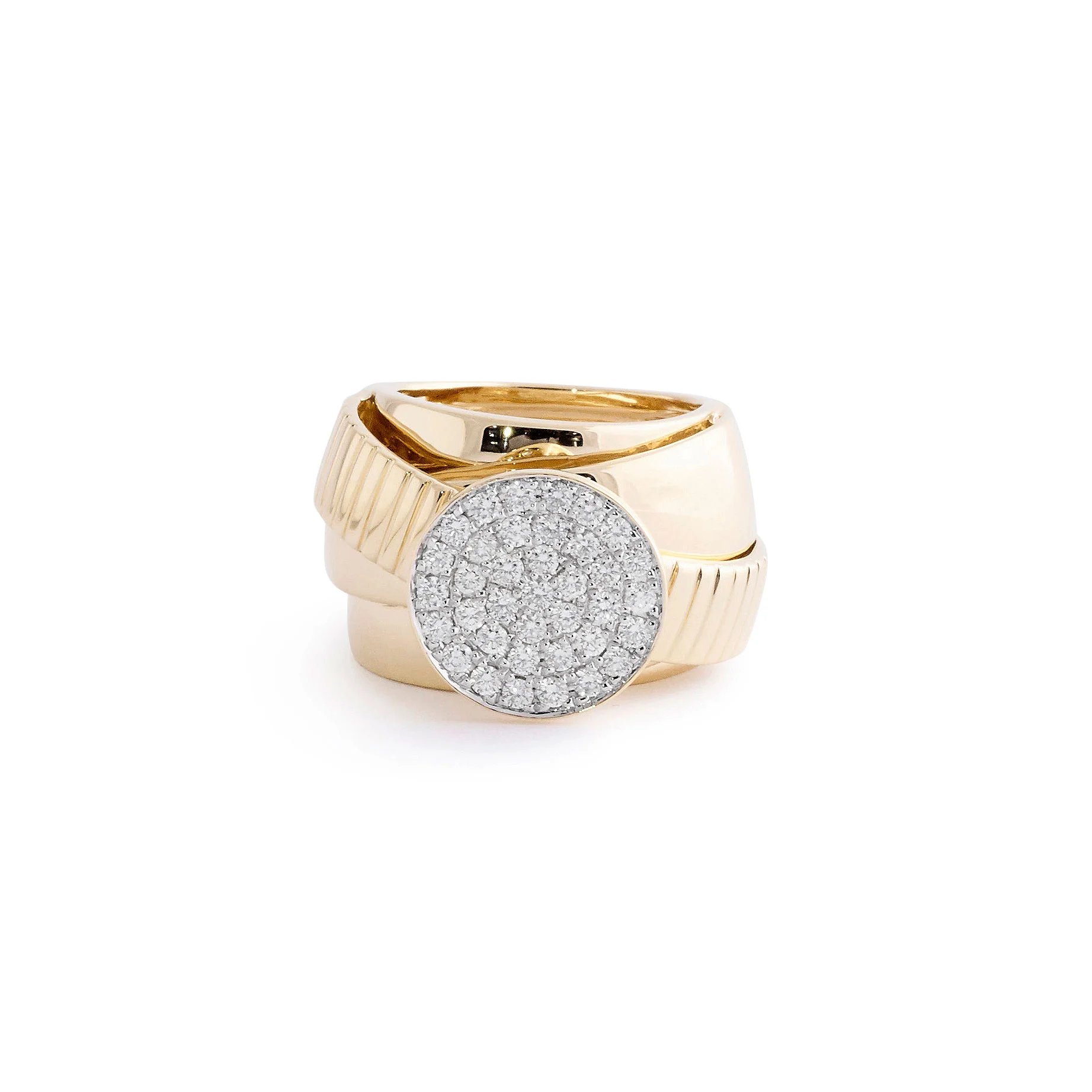 Crossover Gold Ring with Pavé Diamond Disc