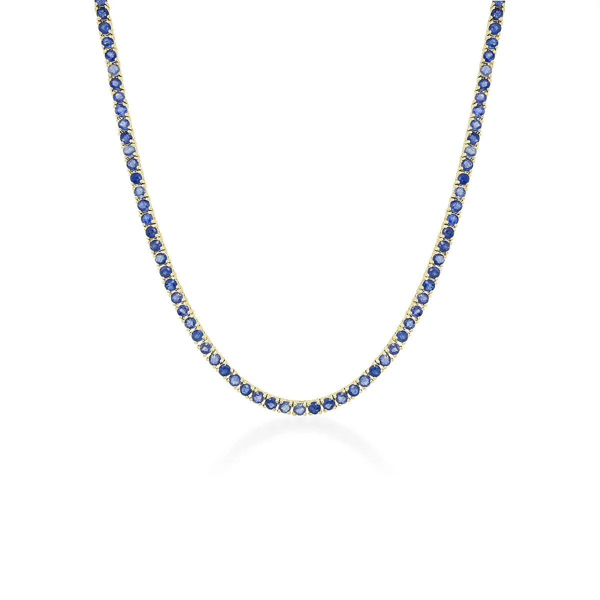 14K yellow gold blue sapphire tennis necklace with round sapphires set in a continuous line. (Copy)