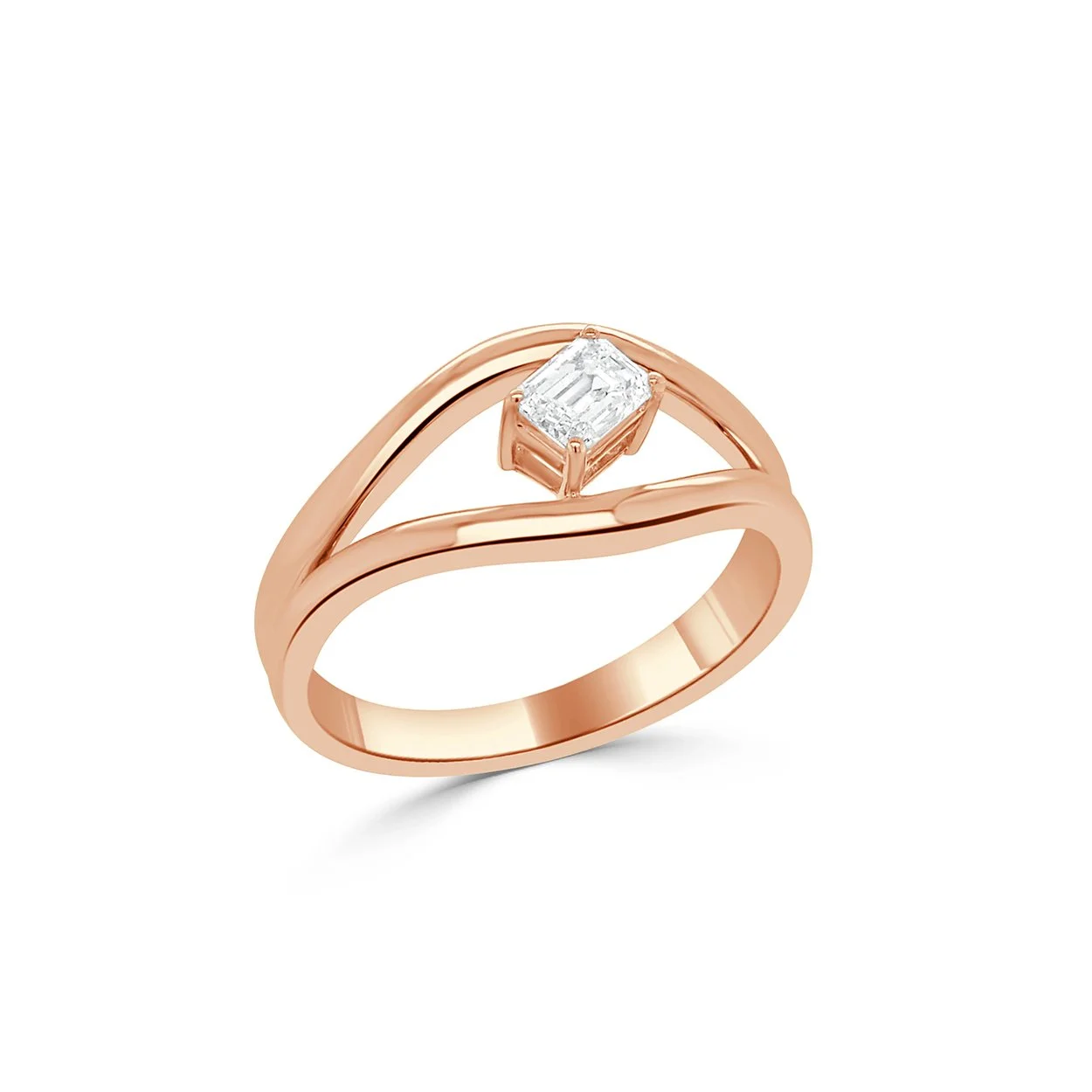 14K rose gold emerald cut diamond ring with sculptural band, featuring a single 0.34 ct. diamond. (Copy)