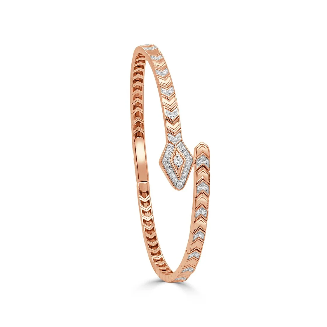 14K rose gold diamond snake bangle with pavé diamond head and chevron-etched detailing. (Copy)
