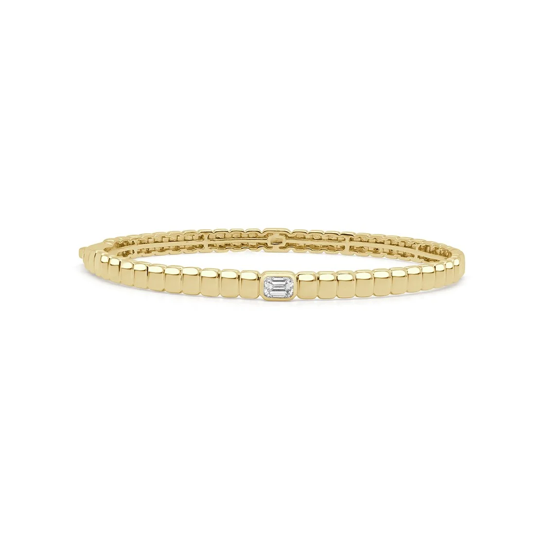 14K yellow gold emerald cut diamond bangle with sleek articulated links and a single 0.25 ct. diamond.