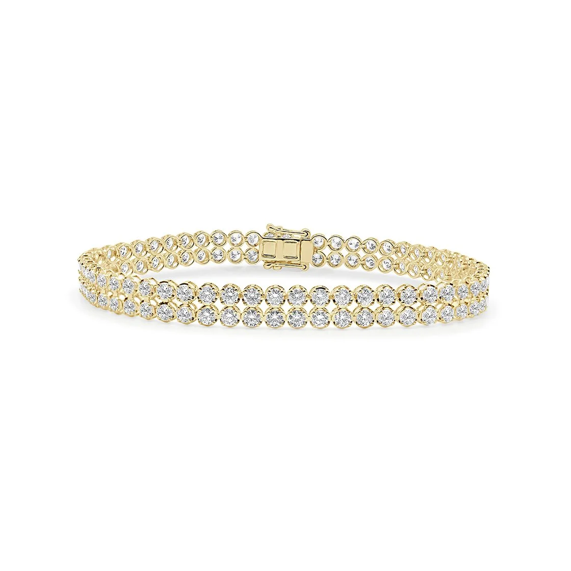 14K yellow gold 2-row diamond tennis bracelet with classic round diamonds.