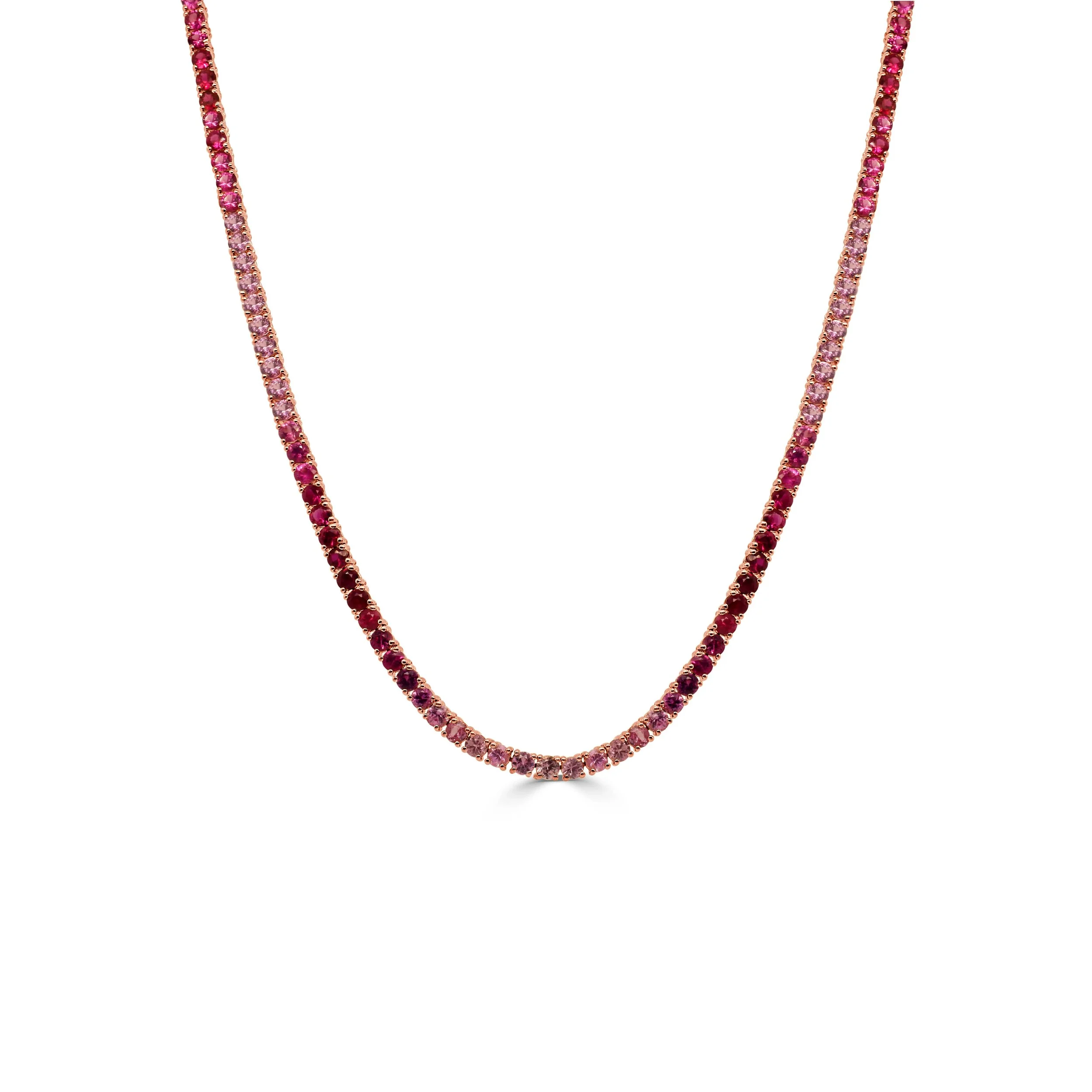 14k rose gold pink sapphire ombré tennis necklace with seamless color transition.