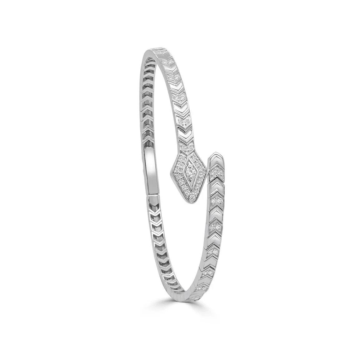 Angled view of a 14K white gold diamond snake bangle with open silhouette and pavé accents. (Copy)