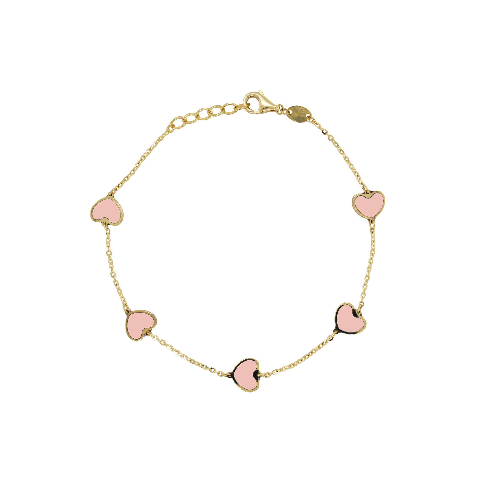 14K gold station heart bracelet with light pink enamel hearts on a fine gold chain.