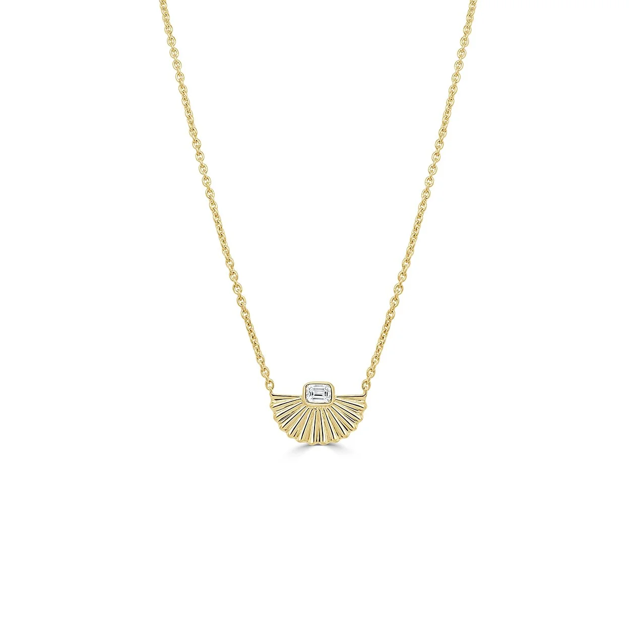 14K yellow gold emerald cut diamond fan necklace with sculptural fluted design on a fine chain. (Copy)