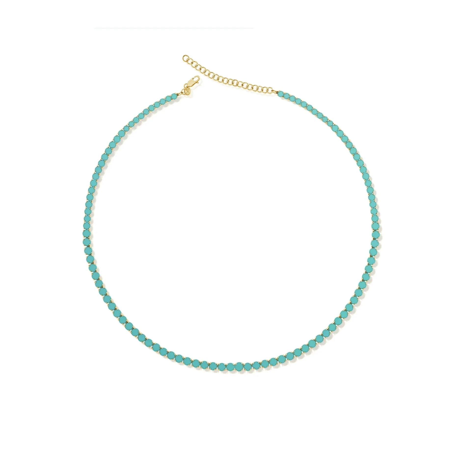 14K yellow gold turquoise tennis necklace featuring vibrant round gemstones. (Copy) (Copy)
