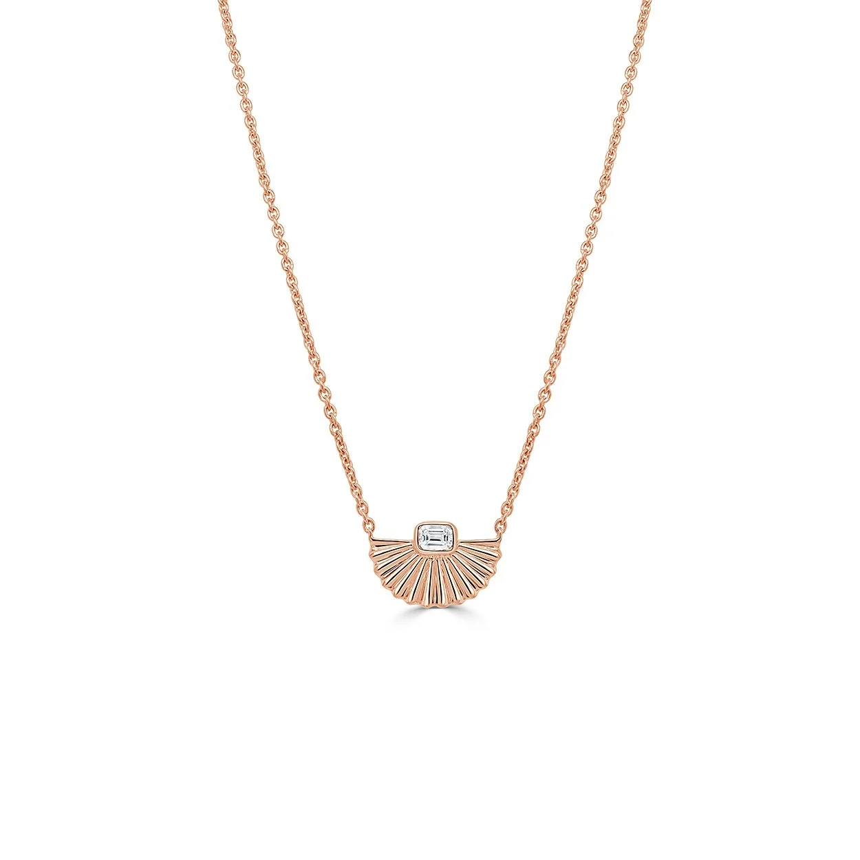 14K rose gold emerald cut diamond fan necklace with sculptural fluted design on a fine chain. (Copy)