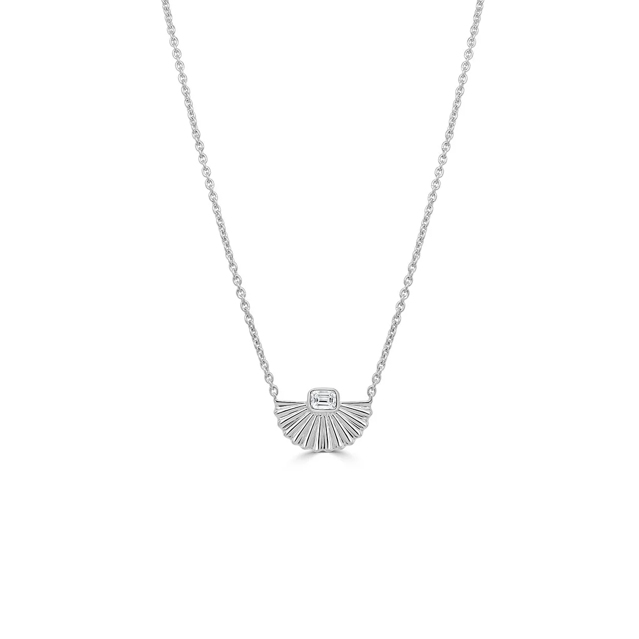 14K white gold emerald cut diamond fan necklace with sculptural fluted design on a fine chain. (Copy)