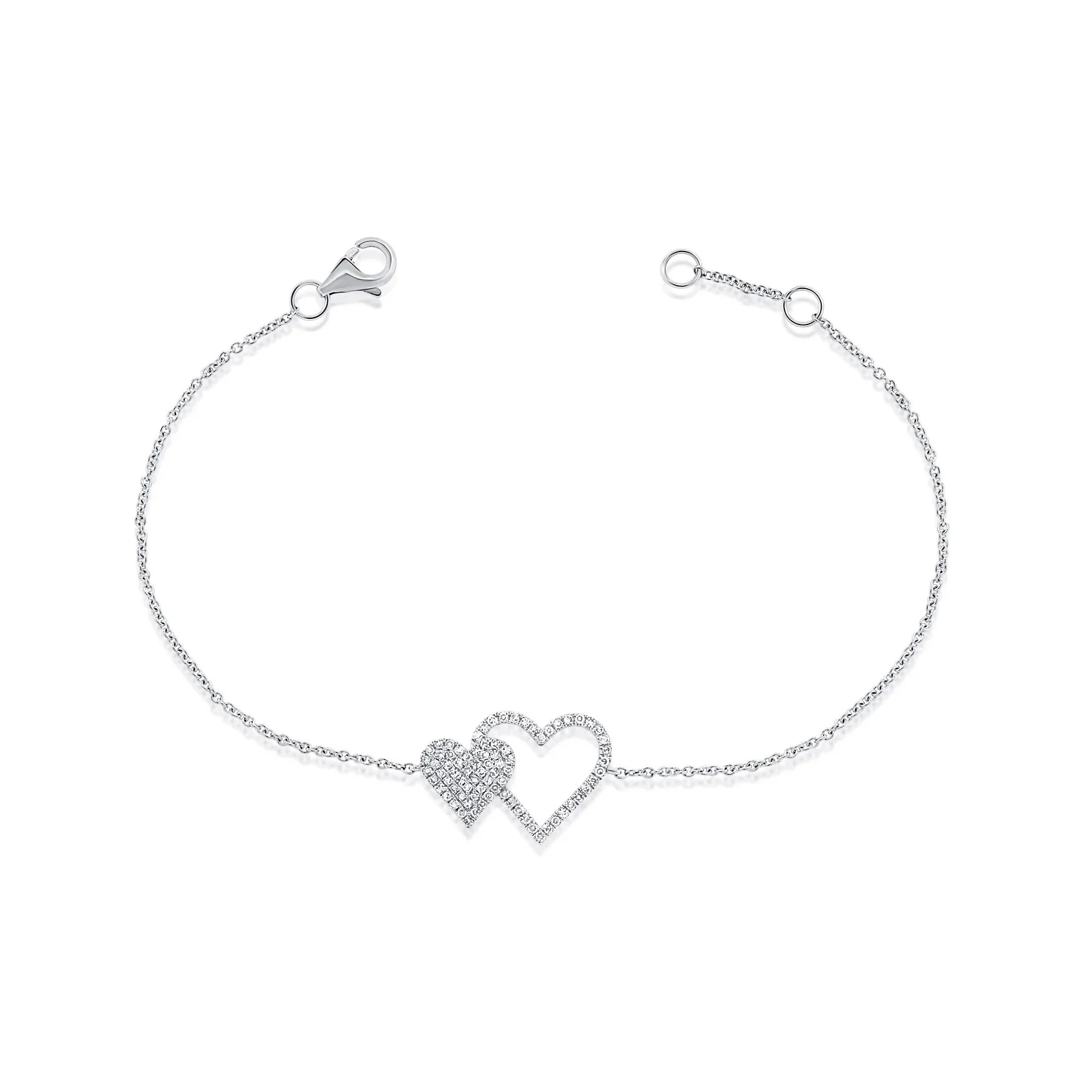 14K white gold diamond double heart bracelet featuring two pavé heart motifs. (Copy) (Copy) (Copy) (Copy)