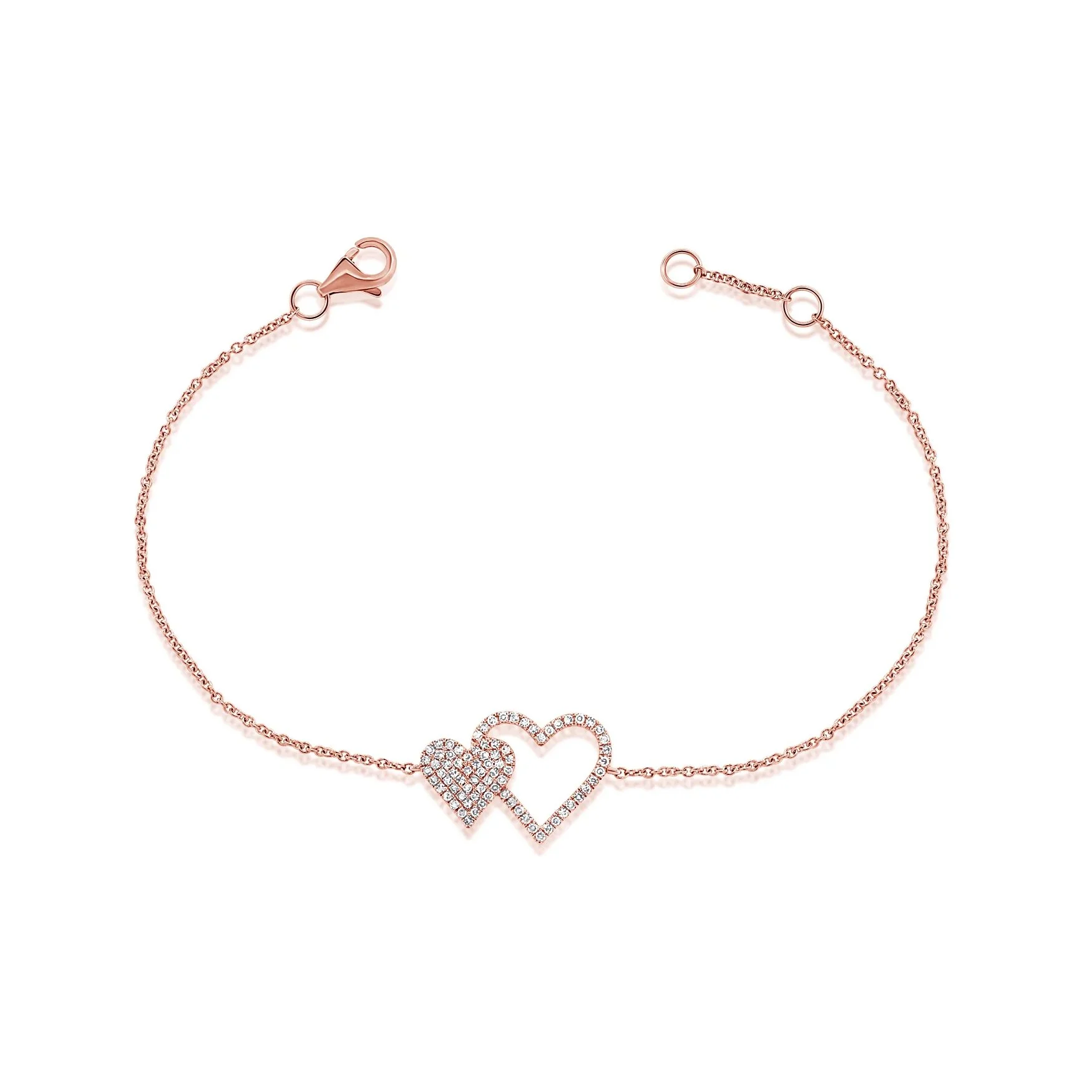 14K rose gold diamond double heart bracelet with pavé-set diamonds on a fine chain. (Copy) (Copy) (Copy) (Copy)