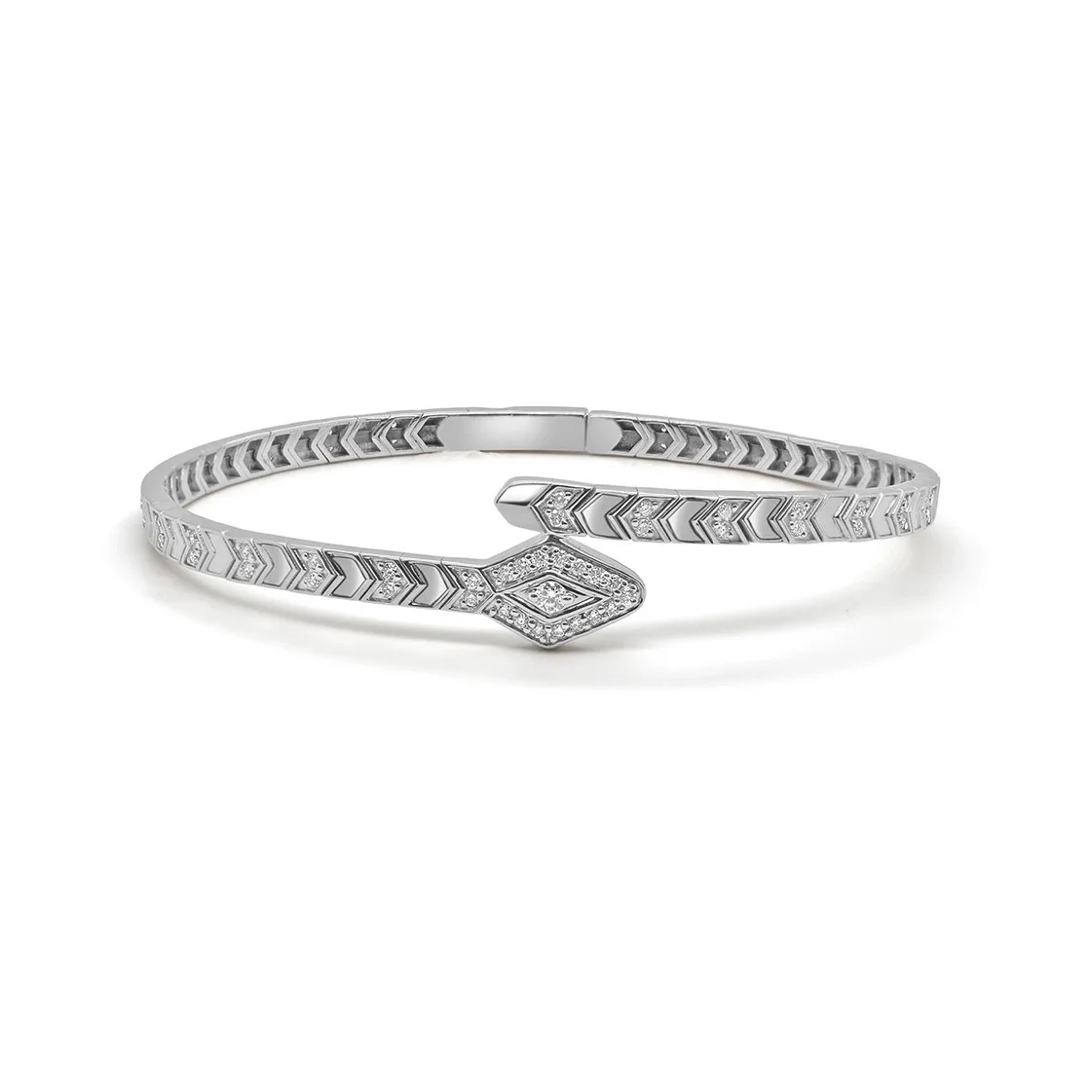 14K white gold diamond snake bangle with pavé diamond head and chevron-etched detailing. (Copy)