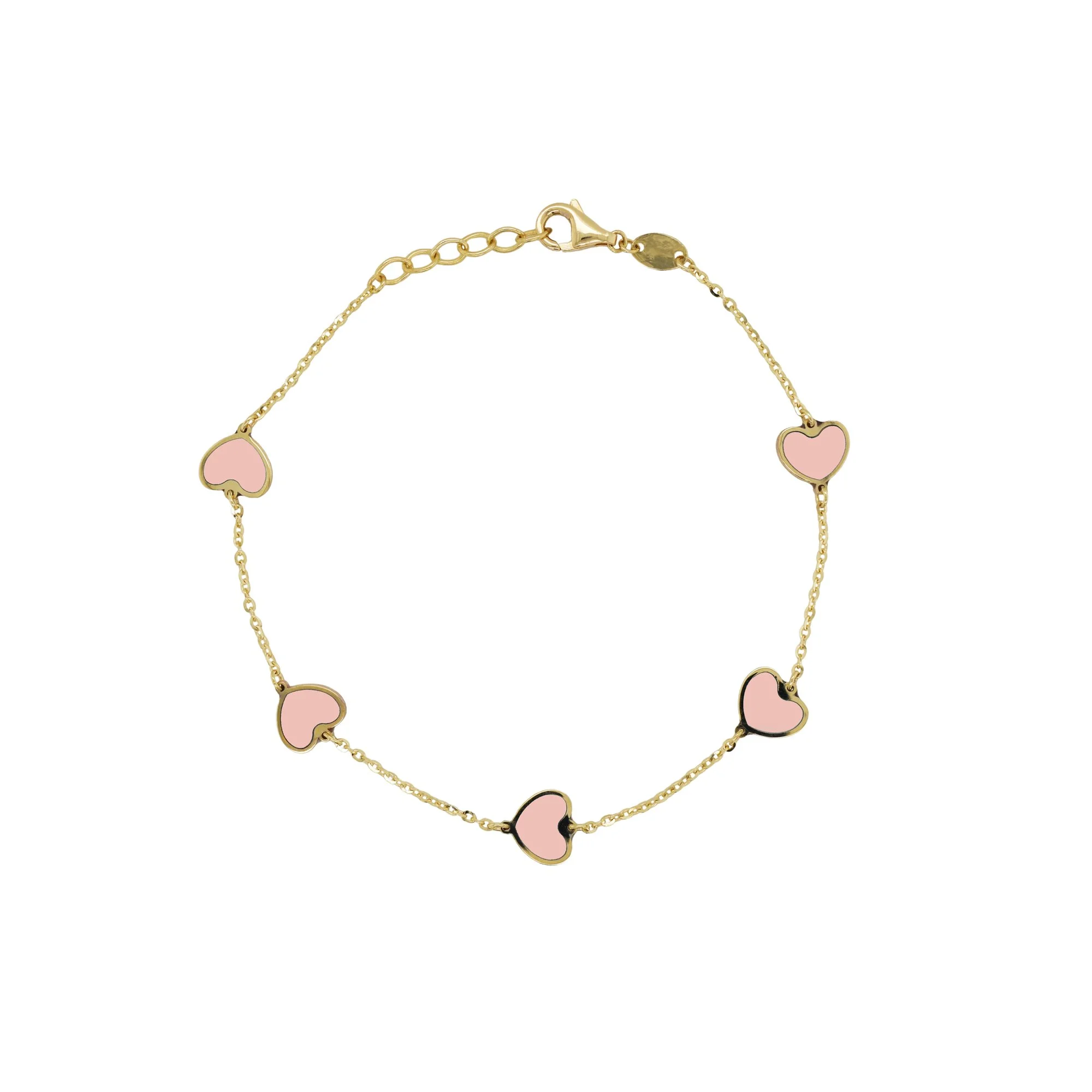 14K gold station heart bracelet with light pink enamel hearts on a fine gold chain.