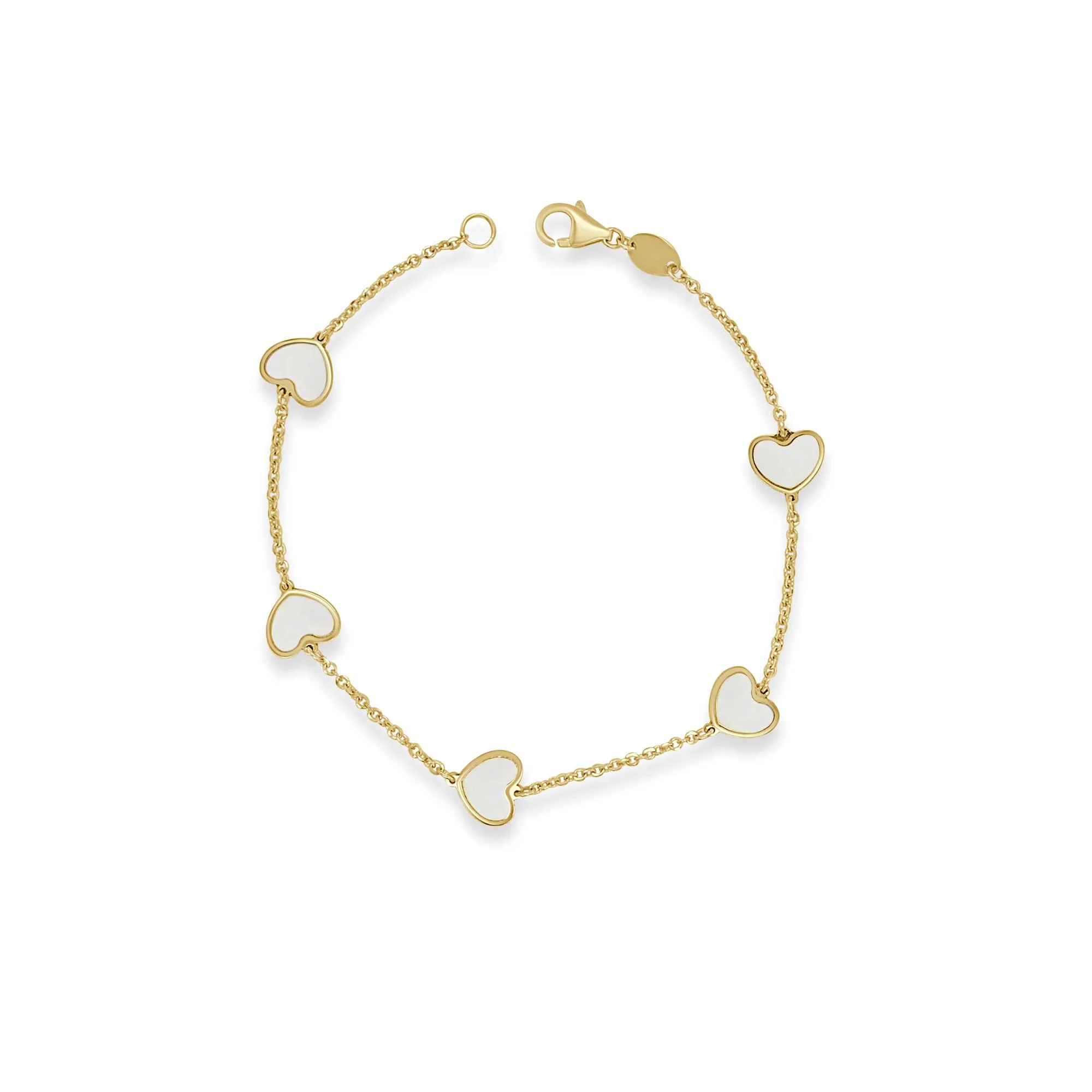 14K gold station heart bracelet with mother of pearl heart accents on a fine gold chain.
