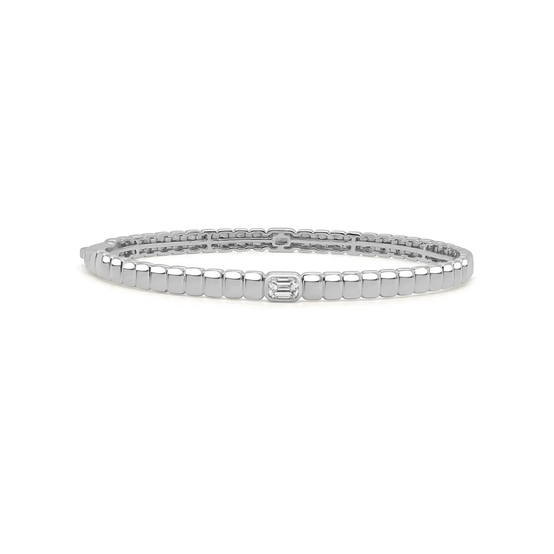 14K white gold emerald cut diamond bangle with sleek articulated links and a single 0.25 ct. diamond.