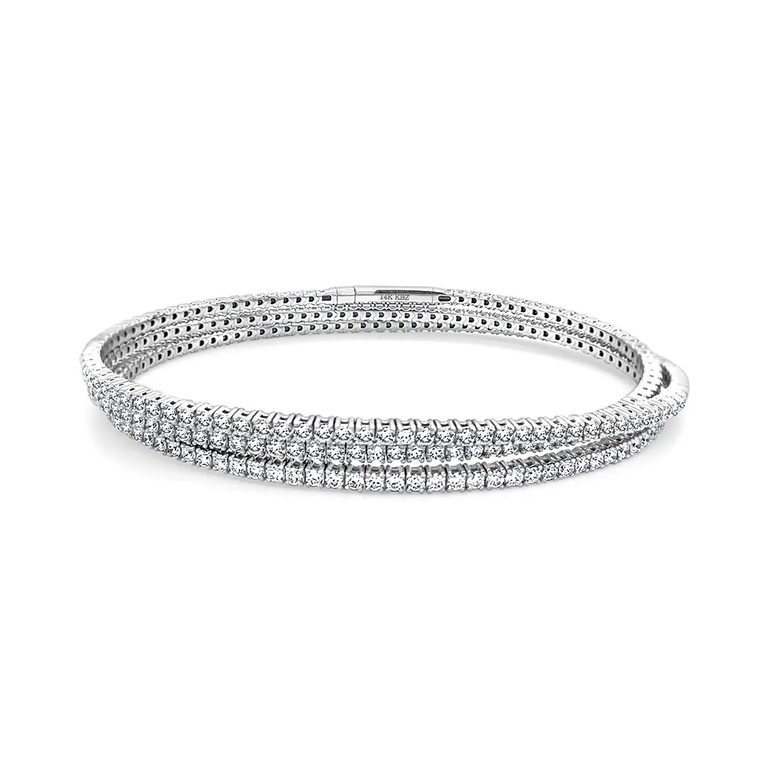 14K white gold flexible three-row diamond bangle bracelet with round diamonds set across the surface.