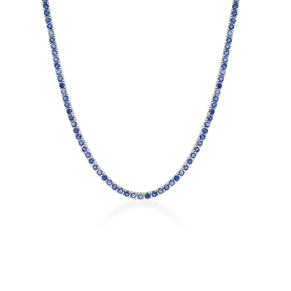 14K white gold blue sapphire tennis necklace featuring round sapphires in a classic tennis setting. (Copy)