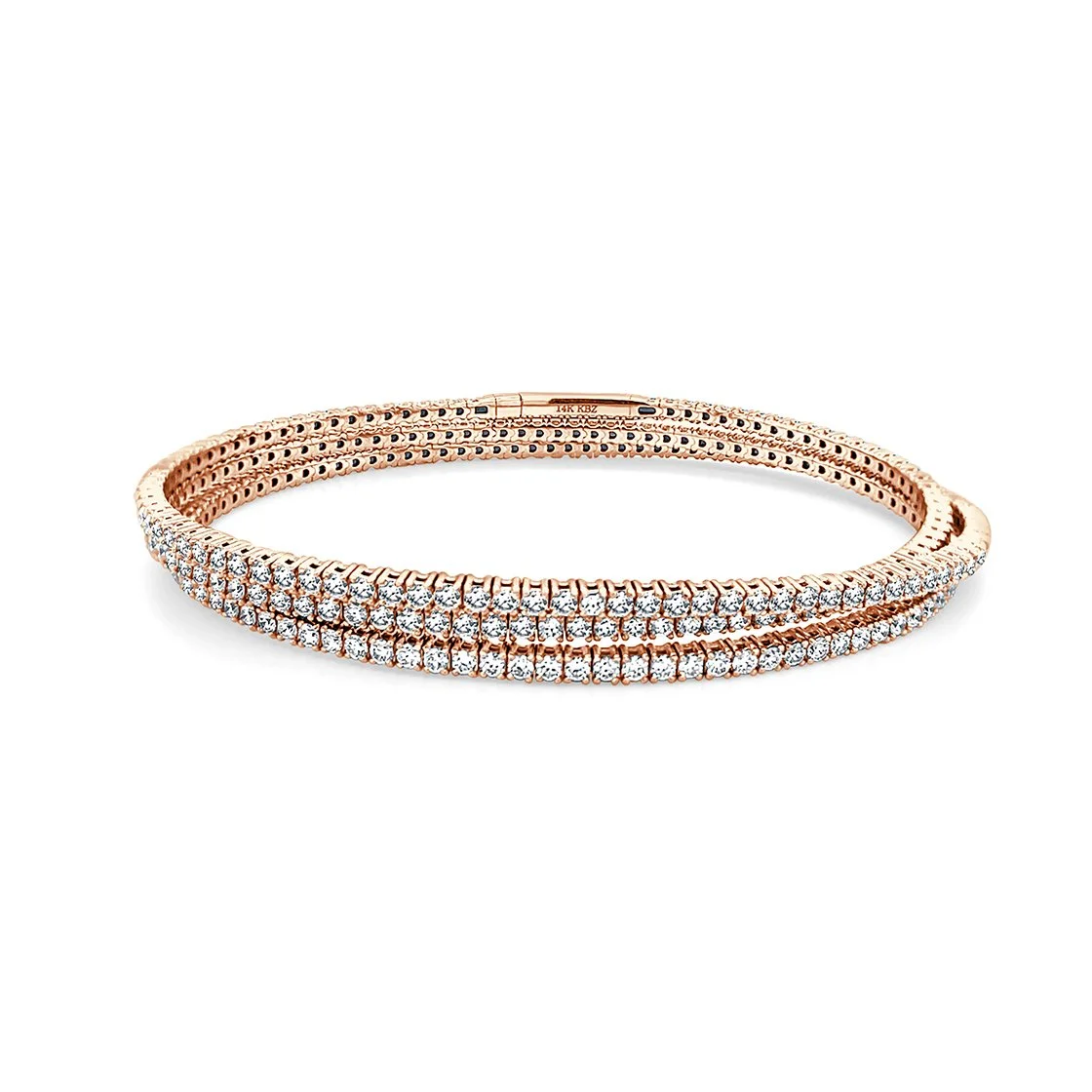 14K rose gold flexible three-row diamond bangle bracelet with round diamonds set across the surface.