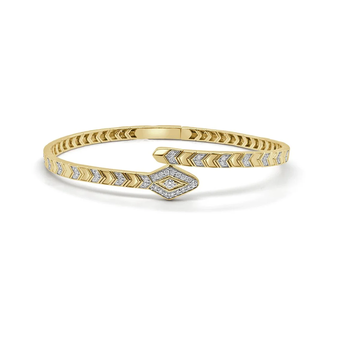 14K yellow gold diamond snake bangle with pavé diamond head and chevron-etched detailing. (Copy)