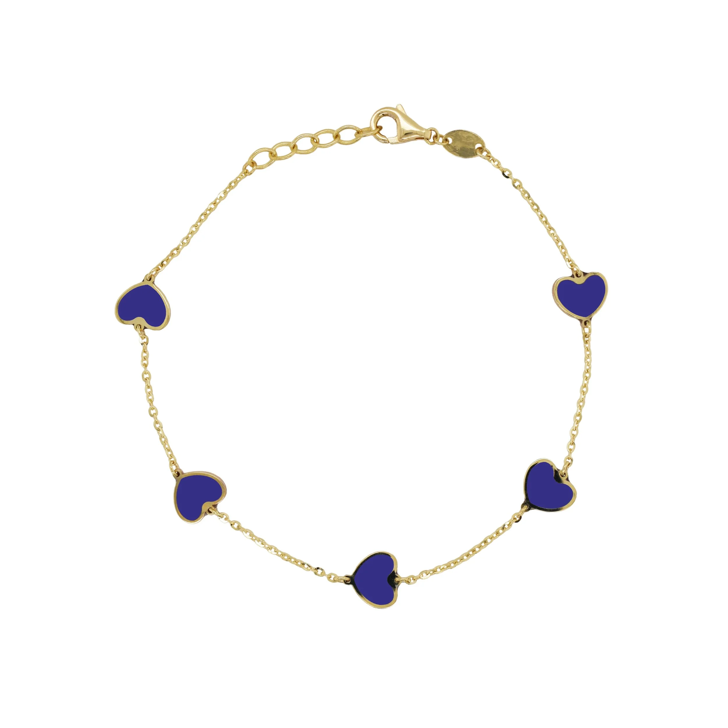 14K gold lapis station heart bracelet with blue enamel hearts on delicate chain. (Copy)